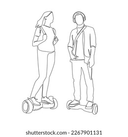 Young girl and boy riding a electric scooter or hover board vector continue line illusration