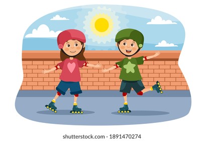 Young girl and boy roller skating outdoors holding hands as they skate in a park or street in summer sunshine, colored cartoon vector illustration