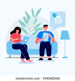 Young Girl and boy Sitting in Sofa. Girl work fo office and boy sending file to other through the tab computer. Cartoon Flat Vector Illustration