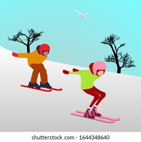 Young girl and young boy is skiing at a ski resort. Children is skiing down a snowy mountain. Alpine skier doing winter sport. Vector illustration of a flat style.