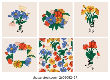 Young girl and boys holding hand drawn color bouquet of blossom flowers. Flat vector illustration for the greeting birthday cards, posters for Mother's, Valentine's, Women's Day.