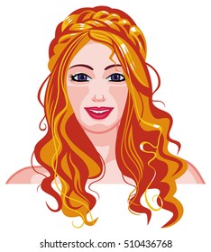 Young Girl With Braid And Curls. Long Hair Romantic Style.Vector Clip Art.