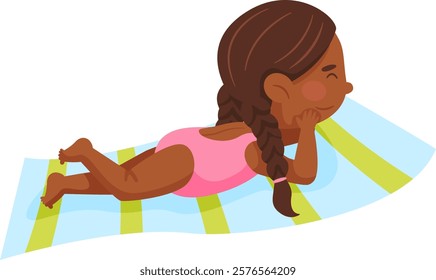 Young girl with braided hair enjoys a sunny day, lying on a colorful striped towel. She wears a pink swimsuit, embodying a carefree summer vibe, perfect for a beach or poolside setting