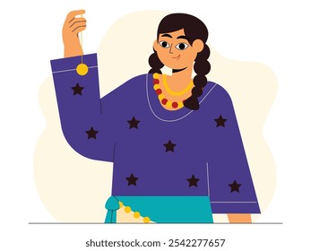 Young girl with braided hair wearing purple star patterned dress, blue skirt and gold necklace carrying hypnotic pendant, gypsy vector illustration.