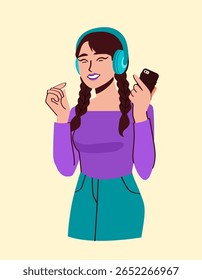 Young girl with braids wearing headphones and holding a smartphone, smiling while listening to music, flat style on light background. Concept of audio enjoyment. Vector illustration