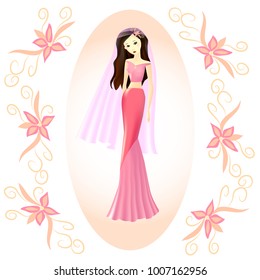 young girl, bride in a pink dress and with a pink veil