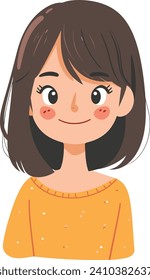 Young girl with brown hair, cheerful expression, wearing a yellow top. Cartoon female character smiling, cute style. Youth portrait vector illustration.