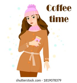 young girl with brown hair in a coat and a pink hat, holding a cup of coffee, time for coffee, lunch break, vector illustration, concept art of walking in cold weather