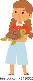 Young girl with brown hair holding a turtle and apple, wearing red sweater and blue pants. Child caring for pet, healthy snack concept vector illustration.