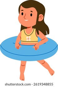 A young girl with brown hair sits in a light-blue inflatable ring.  The child enjoys a summer swim wearing a yellow top. Cartoon vector illustration