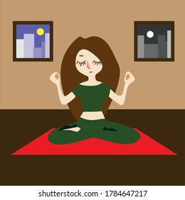 A young girl with brown hair and a tracksuit is doing yoga asana at home.Healthy lifestyle sports, flexible body.Vector illustration