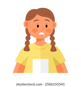 Young girl with brown hair in two braids, expressing a concerned or worried emotion. She wears a yellow shirt and has a thoughtful expression on her face.