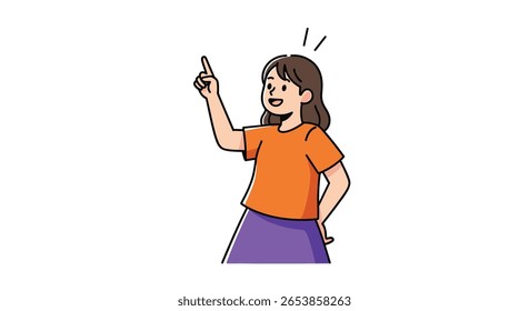 Uma jovem com cabelo castanho vestindo uma camisa laranja e uma saia roxa aponta para cima com o dedo indicador um momento de revelação ou uma ótima ideia