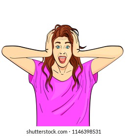 Young girl, brunette screams, holds herself by the head. Psychological disease, hysterics. Comic style, vector illustration