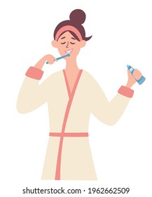 Young Girl brushing her teeth. Women after a morning or evening shower brushes her teeth. Routine hygiene. Good habits. The concept of a healthy lifestyle and taking care of your body. Vector