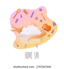 Young girl in a bubble bath. The concept of rest and relaxation. Card with signature home Spa.