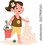 A young girl with a bucket and spade stands beside a sandcastle in a playful cartoon style. The child is smiling, wearing casual beach attire, and enjoying a sunny day. Cartoon vector illustration.