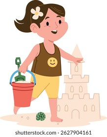 A young girl with a bucket and spade stands beside a sandcastle in a playful cartoon style. The child is smiling, wearing casual beach attire, and enjoying a sunny day. Cartoon vector illustration.