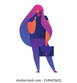 Young girl with business bag holding her mobile phone and watching at it. Beautiful female character in vivid gradients coloring. Modern smartphone and contemporary body shape
