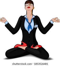 a young girl in a business suit with bright high-heeled shoes and glasses sat down at work to relax in a yoga pose Lotus