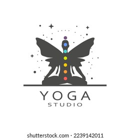 Young girl with butterfly wings and chakra points sitting in yoga lotus pose. Happy relaxed female character performing meditation exercise. Logo for sport and health business.