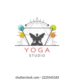 Young girl with butterfly wings sitting in yoga lotus pose. Happy relaxed female character performing meditation exercise. Logo for port and health business.