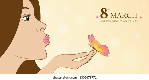 young girl with butterfly womans day 8th march greeting card vector illustration EPS10