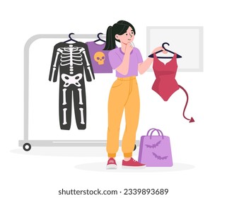Young girl buy costume concept. Kid with clothes for Halloween. Holiday of fear and horror. Child with red swimsuit with tail. Skeleton or devil image for masquerade. Cartoon flat vector illustration