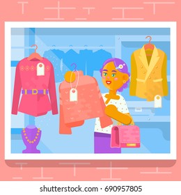 Young girl buying dress at store. Flat vector illustration