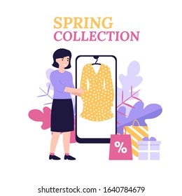 Young girl buys a dress in an online store. Online shop, mobile shopping app. Flat vector modern cartoon illustration. Concept for web design, banner, app, landing page.