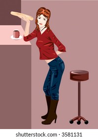 Young girl in cafe eating baguette vector illustration