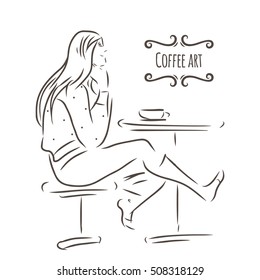 Young girl in cafe. Vector illustration.