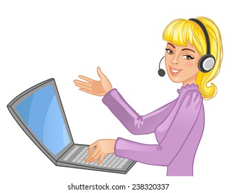 Young girl a call operator Vector image of a young cartoon woman, a call operator wearing a headset und typing on a laptop 