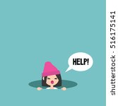 Young girl calling for help in the pit / editable flat vector illustration, clip art