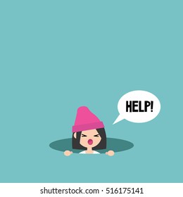 Young girl calling for help in the pit / editable flat vector illustration, clip art