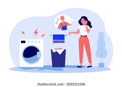 Muchacha llamando a un reparador de lavadoras. Ilustración vectorial plana. Mujer parada en el baño y centro de servicio de llamadas, arreglando electrodomésticos rotos. Reparación, lavado, concepto de ayuda