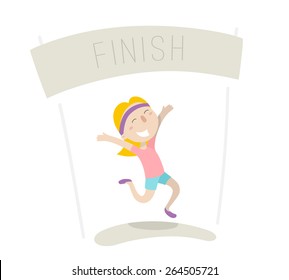 Young girl came to the finish line first. Flat illustration, vector image. 