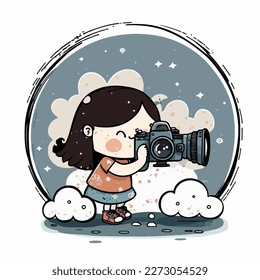 Junge Mädchen mit Kamera. Vektorgrafiken. Illustration für ein Kind. Lächelndes, fröhliches junges Mädchen.