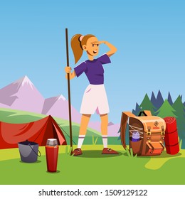 Young girl at camping site with tent and mountain background illustration.  Suitable element for scout, adventure, explorer, outdoor activities etc.