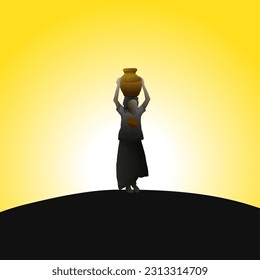 A young girl carry a jar of water on her head for the concept of child labor. Vector illustration.