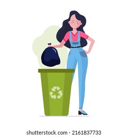 Young girl carrying bags with garbage to trash bin flat vector illustration. Cleaning, recycling, ecology concept for banner