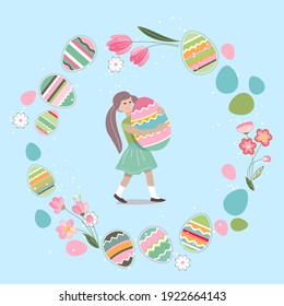 Young girl carrying big painted egg. Festive spring illustration can be used for Easter design templates.
