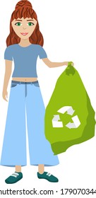 Young girl carrying green bag with rubbish. Social activist. Waste recycling. Cartoon character of volunteer. Teen in blue t-shirt and jeans. Flat vector design