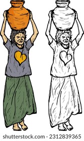 Young girl carrying a jar of water on her head, isolated against white. Hand drawn vector illustration.