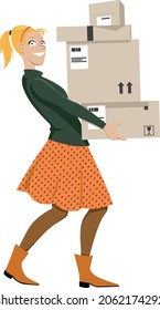 Young girl carrying a pile of parcels to or from post office, EPS 8 vector illustration