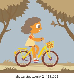 young girl cartoon character, driving a yellow bicycle on forest path in a autumn time background, vector art illustration.