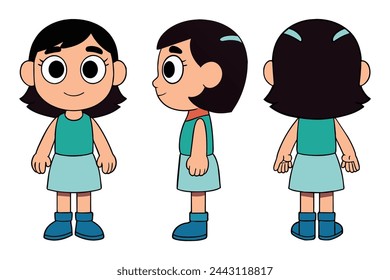 Young girl cartoon character set, isolated flat vector illustration on white background