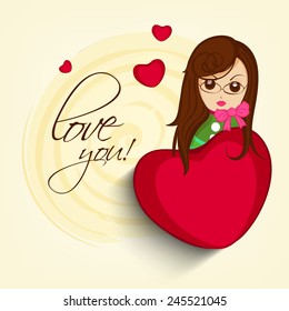 Young girl cartoon with red hearts and text Love you on yellow background for Happy Valentines Day celebration.