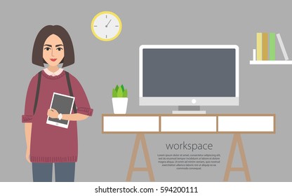 Young girl in casual clothes with office interior. Fashion modern student. Vector illustration of a flat design. stylish woman. Hipster student. Trendy youth.