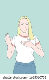 Young girl with casual clothes takes loyal oath. Women making promise to tell truth with one hand rise up and one hand on heart. Vector illustration of a woman swearing an oath in isolated background.